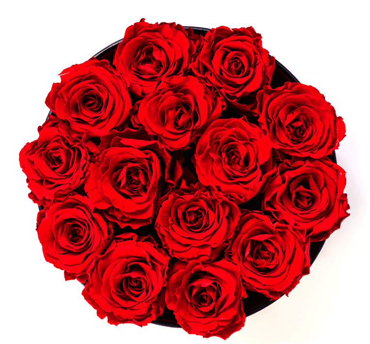 A bouquet of red roses in a round box.